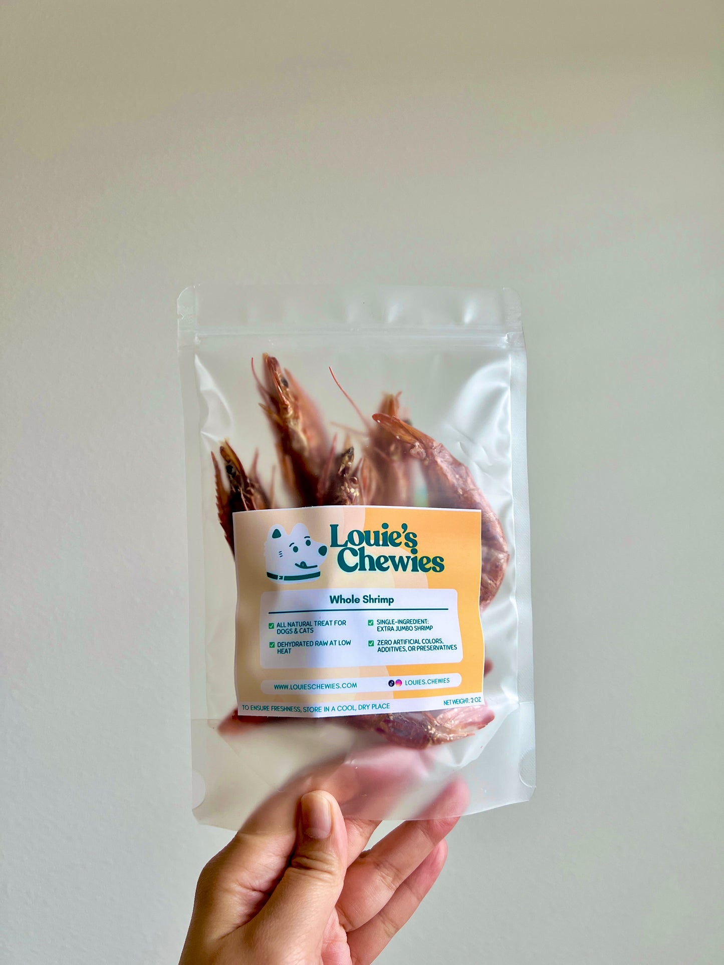 Louie's Chewies single ingredient shrimp dog treats, small batch, made in Seattle WA
