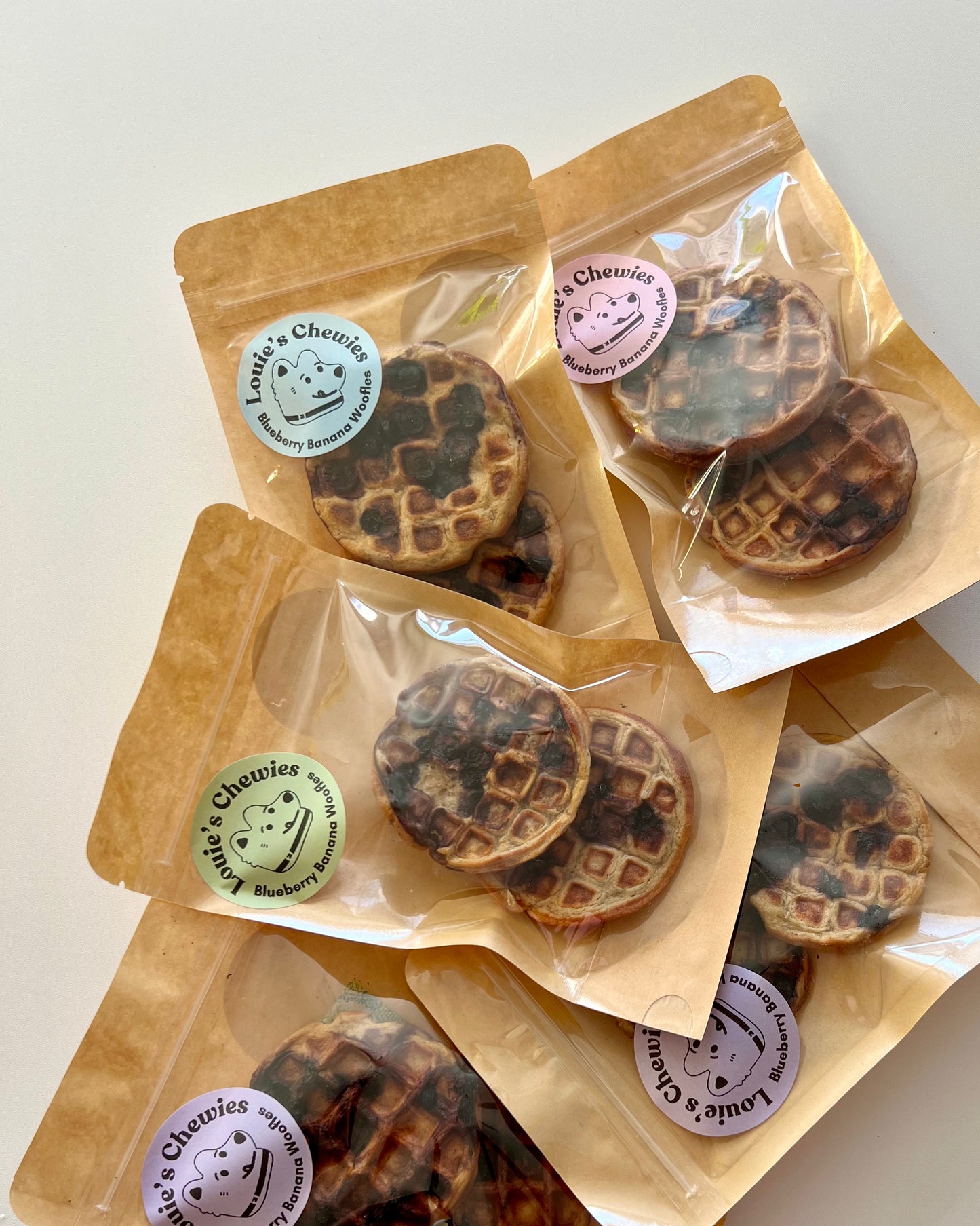 Louie's Chewies blueberry banana woofles dog waffle treats, baked small batch Seattle WA