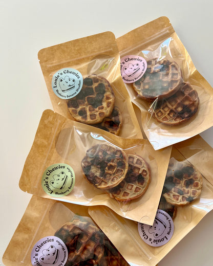 Louie's Chewies blueberry banana woofles dog waffle treats, baked small batch Seattle WA