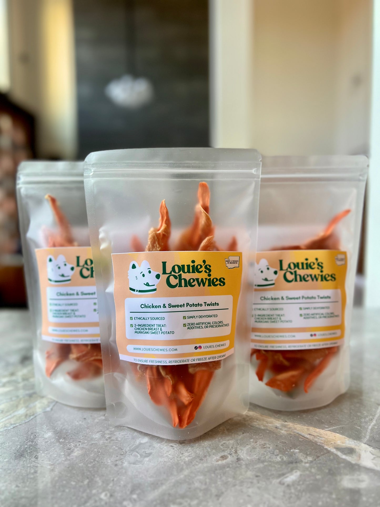 Louie's Chewies chicken and sweet potato dog chews, grain free, small batch Seattle WA