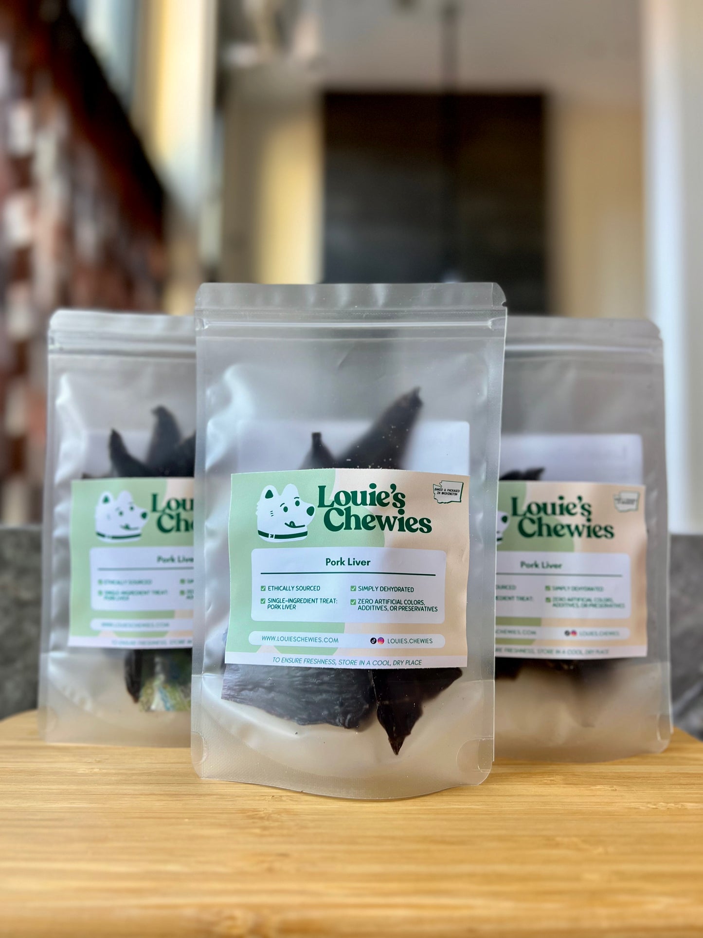 Louie's Chewies dehydrated pork liver dog treats, single ingredient, small batch Seattle WA